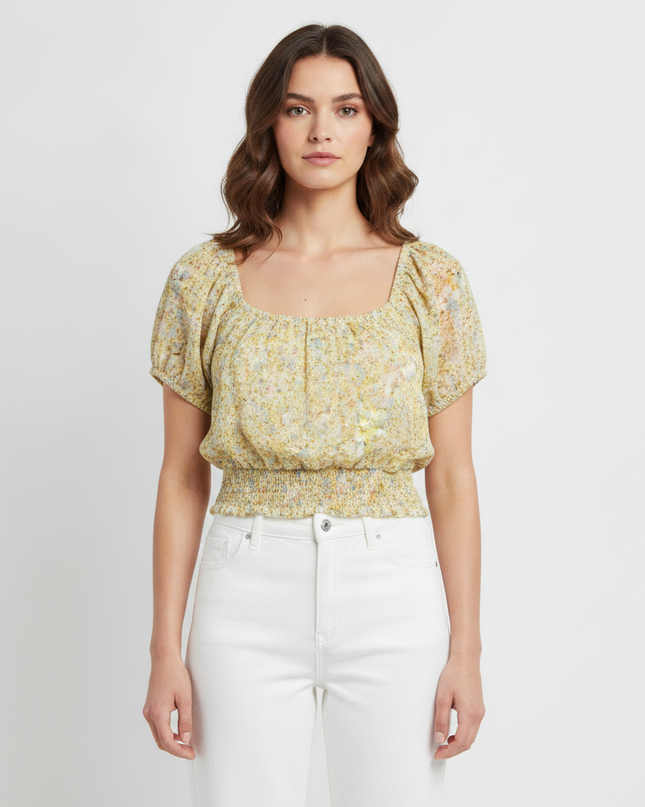 American Eagle Yellow Floral Puff Sleeve Crop Top