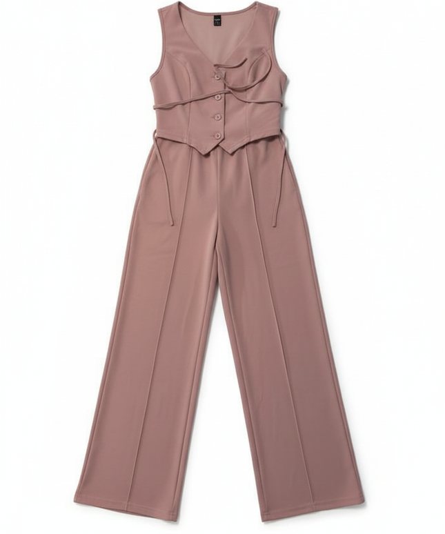 Dusty Rose Two-Piece Vest and Wide Leg Pant Co-ord Set