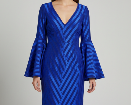 City Goddess Royal Blue Chevron Bell Sleeve Mini Dress | With Tag