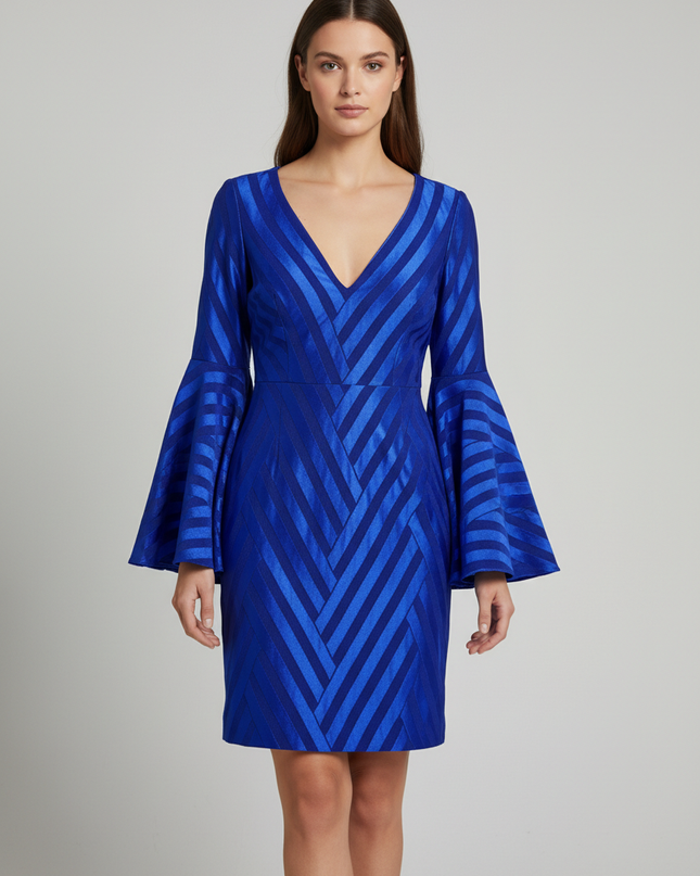 City Goddess Royal Blue Chevron Bell Sleeve Mini Dress | With Tag