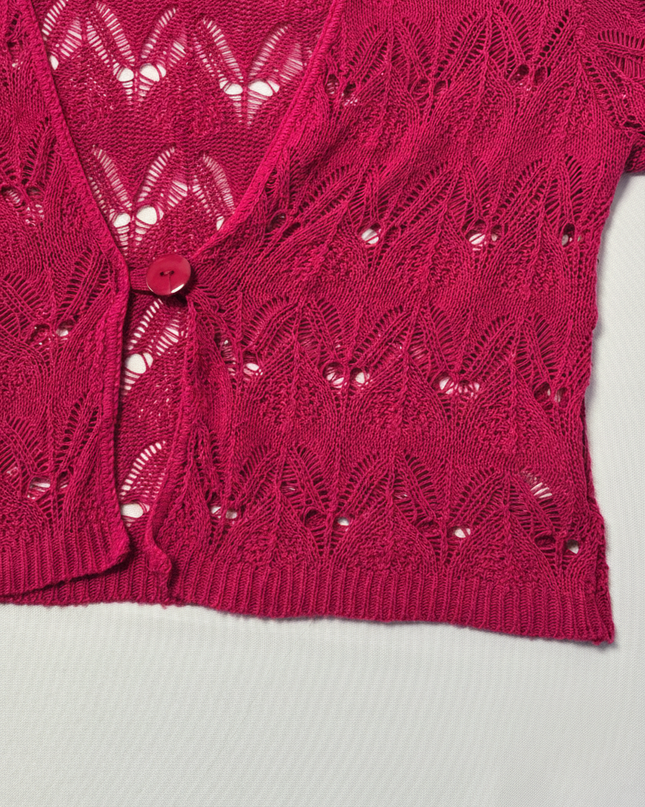 Kim Rogers Petite Fuchsia Pink Short Sleeve Pointelle Knit Cardigan