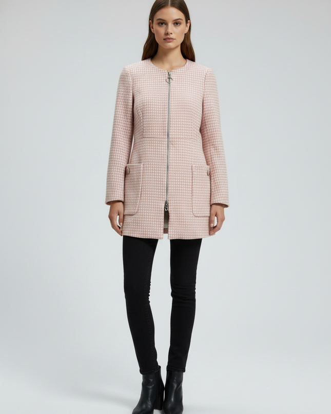 Zara Pink Houndstooth Longline Zippered Jacket