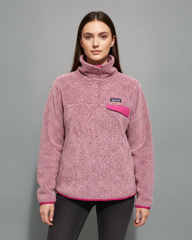 Patagonia Pink High-Pile Fleece Snap-T Pullover Sweatshirt