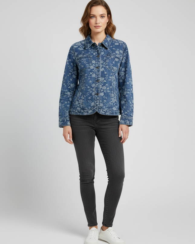 Northern Reflections Blue Floral Print Cotton Denim Jacket