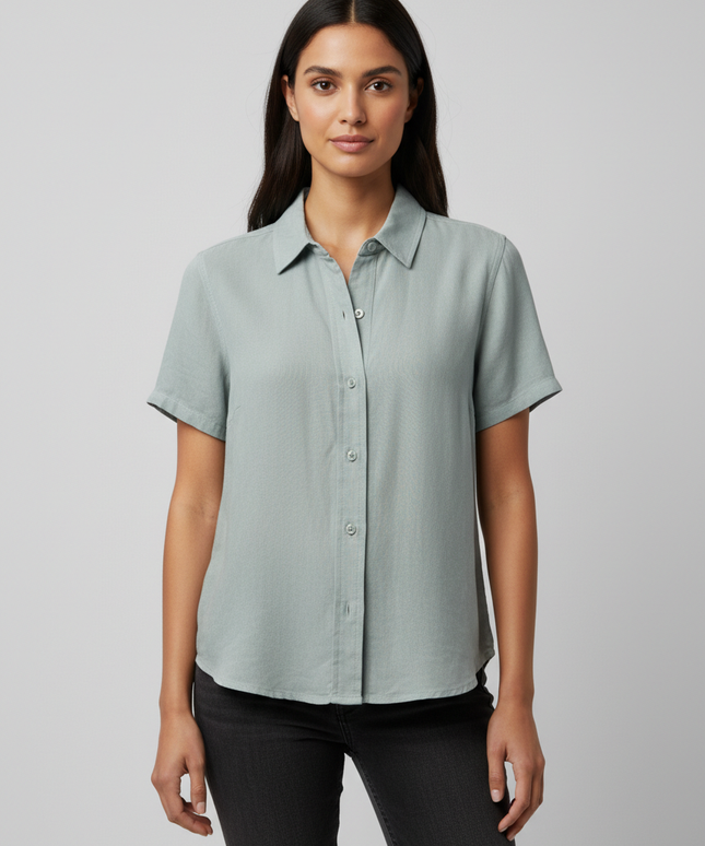 American Eagle Light Blue Linen Blend Short Sleeve Button Down Shirt