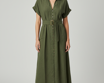 Zara Olive Green Belted Linen-Blend Midi Shirt Dress