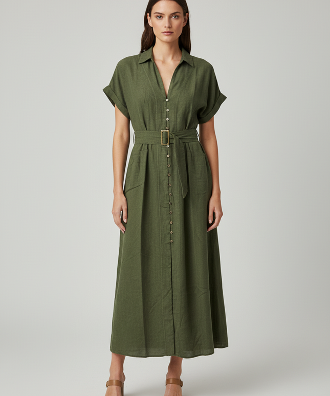 Zara Olive Green Belted Linen-Blend Midi Shirt Dress