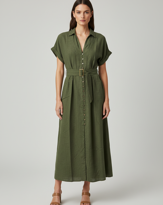 Zara Olive Green Belted Linen-Blend Midi Shirt Dress