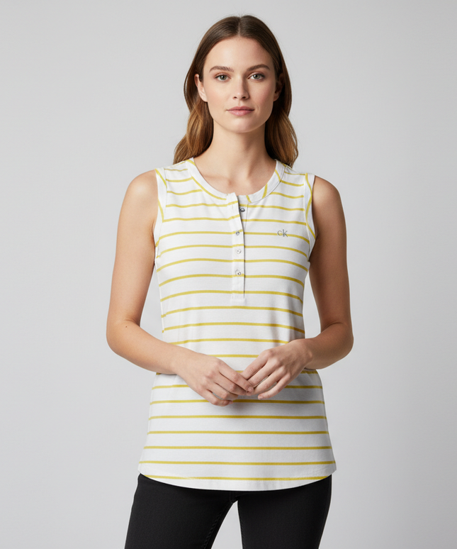 Calvin Klein Yellow and White Striped Henley Tank Top