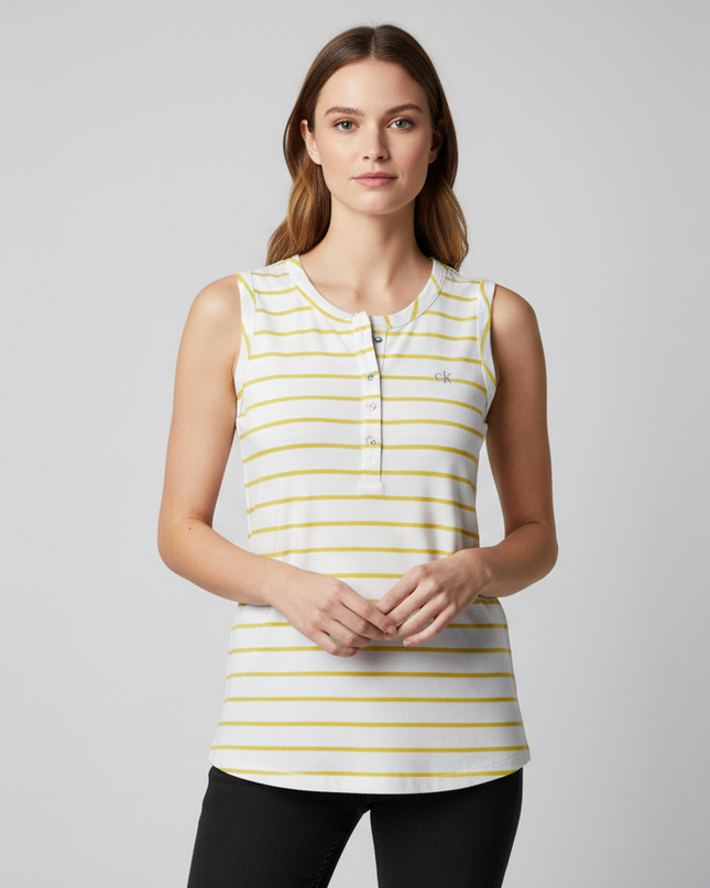 Calvin Klein Yellow and White Striped Henley Tank Top