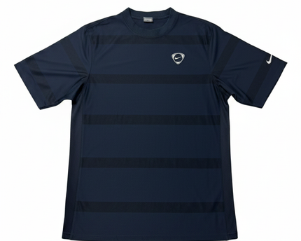 Vintage Nike Navy Blue Striped Mesh-Panel Sports T-Shirt