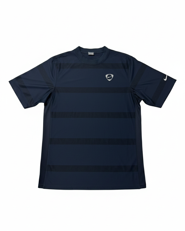 Vintage Nike Navy Blue Striped Mesh-Panel Sports T-Shirt