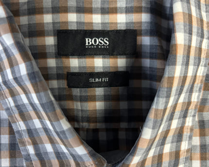 Boss Grey and Brown Checkered Slim Fit Long Sleeve Shirt