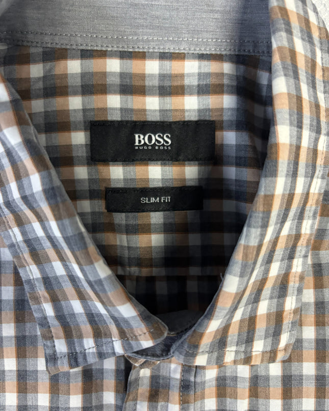 Boss Grey and Brown Checkered Slim Fit Long Sleeve Shirt