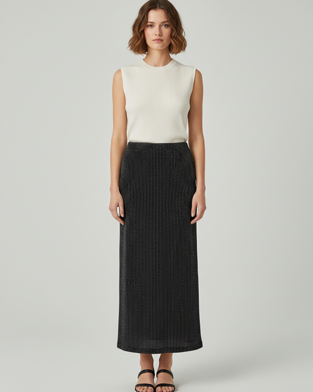 H&M Black Metallic Striped Ribbed Midi Skirt