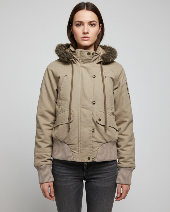 Nike Tan Faux Fur Trimmed Hooded Bomber Jacket