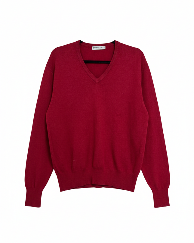 Vintage Burberry Red V-Neck Knit Sweater