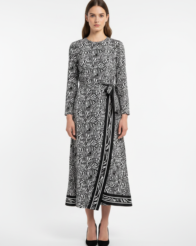 Michael Kors Black and White Zebra Print Long Sleeve Midi Dress
