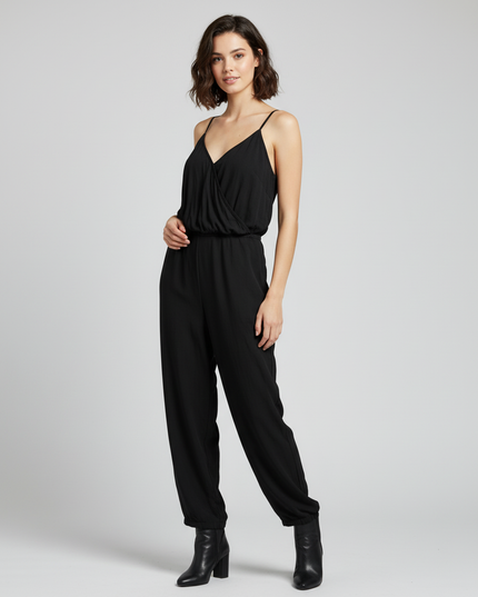 American Eagle Black Draped Surplice Front Spaghetti Strap Knit Jumpsuit