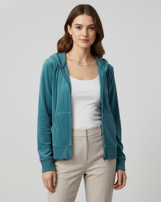 Juicy Couture Teal Velour Rhinestone Crown Crest Zip Hoodie