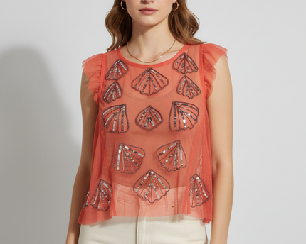 Free People Coral Sheer Sequin Mesh Top