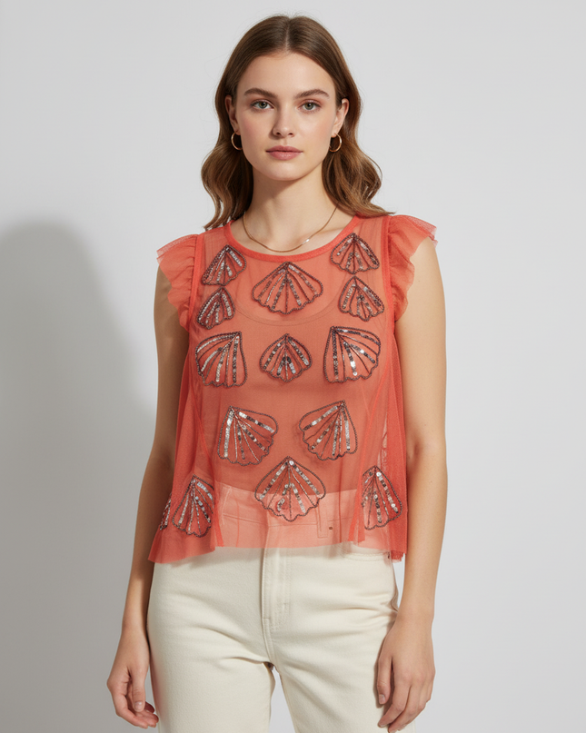 Free People Coral Sheer Sequin Mesh Top