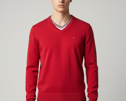 Hilfiger Denim Solid Red V-Neck Long Sleeve Knit Sweater