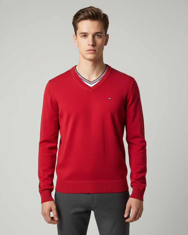 Hilfiger Denim Solid Red V-Neck Long Sleeve Knit Sweater