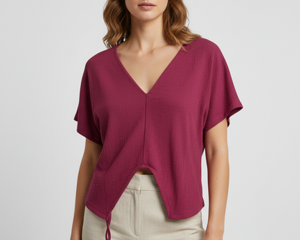 ZARA Pink Ribbed Short Sleeve Drawstring Hem V-Neck Crop Top