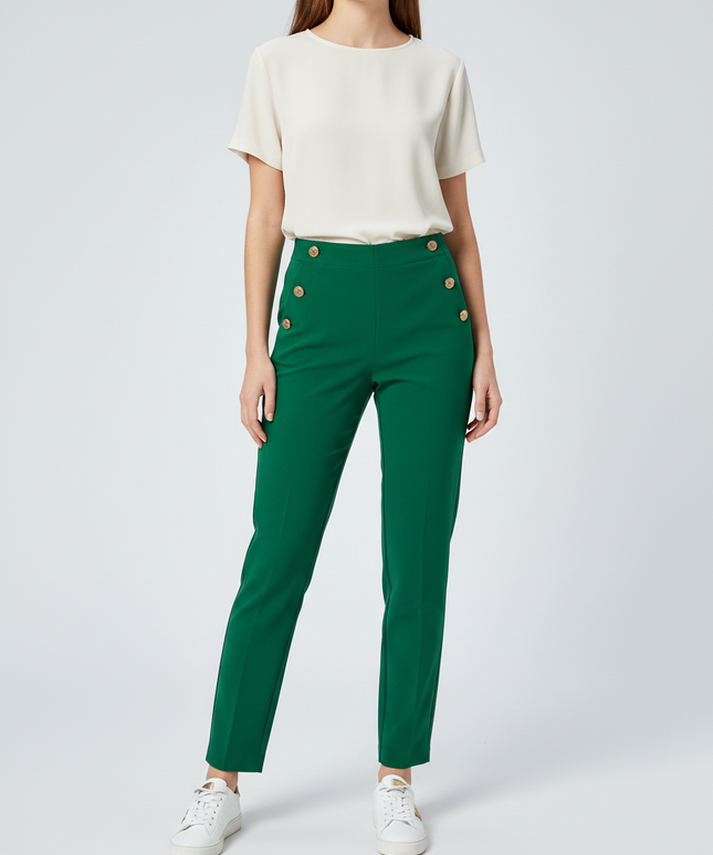Zara High-Waisted with Gold Button Detail Green Trousers
