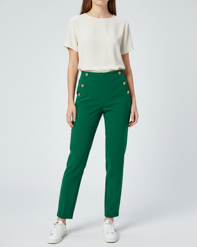 Zara High-Waisted with Gold Button Detail Green Trousers