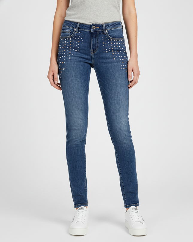 Guess Embellished Skinny Fit Mid-Wash Jeans