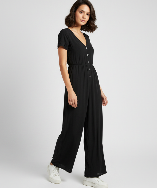 American Eagle Black Short Sleeve Wide Leg Jumpsuit Romper