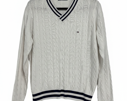 Tommy Hilfiger White V-Neck Cable Knit Tennis Sweater