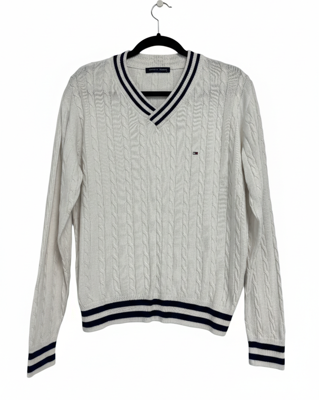 Tommy Hilfiger White V-Neck Cable Knit Tennis Sweater