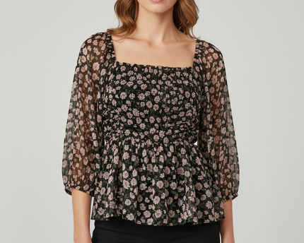 American Eagle Black Floral Ruched Peplum Blouse