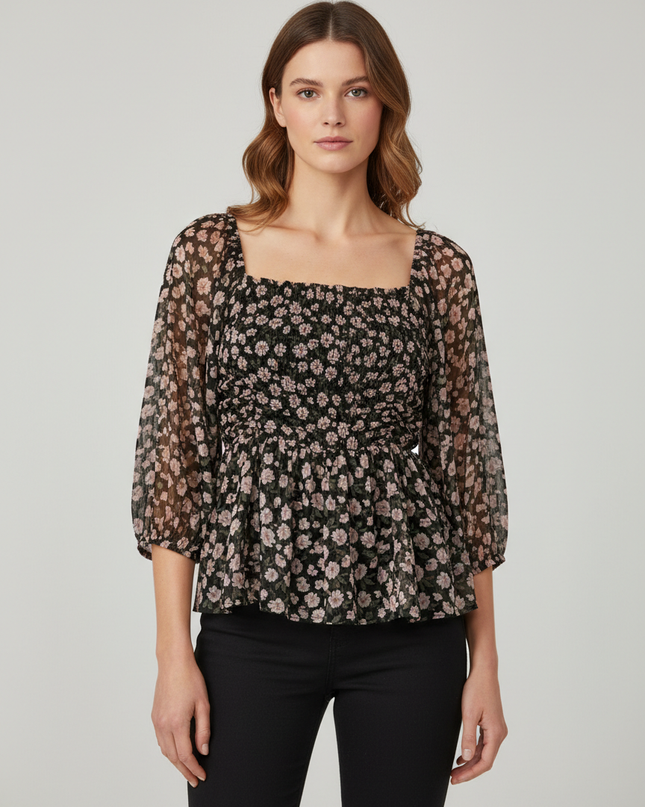 American Eagle Black Floral Ruched Peplum Blouse