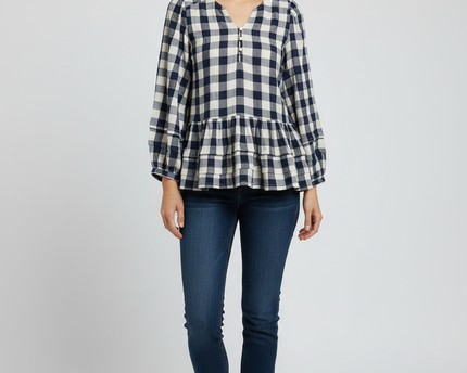 American Eagle Navy Blue Checkered Peplum Blouse