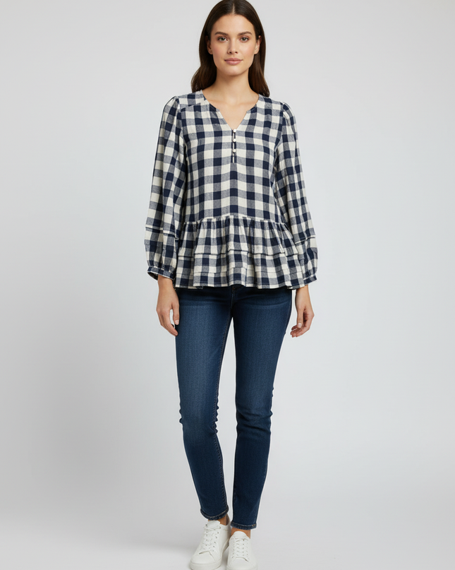 American Eagle Navy Blue Checkered Peplum Blouse