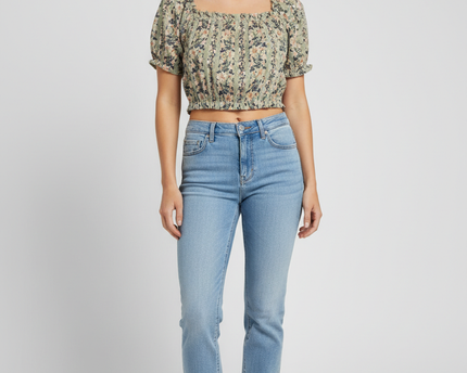 American Eagle Green Floral Square Neck Puff Sleeve Crop Top