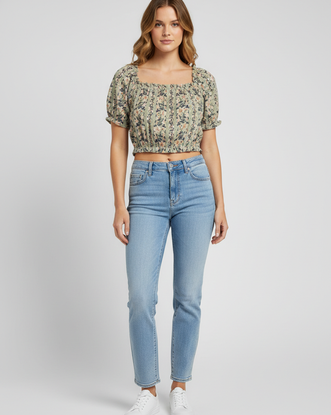 American Eagle Green Floral Square Neck Puff Sleeve Crop Top