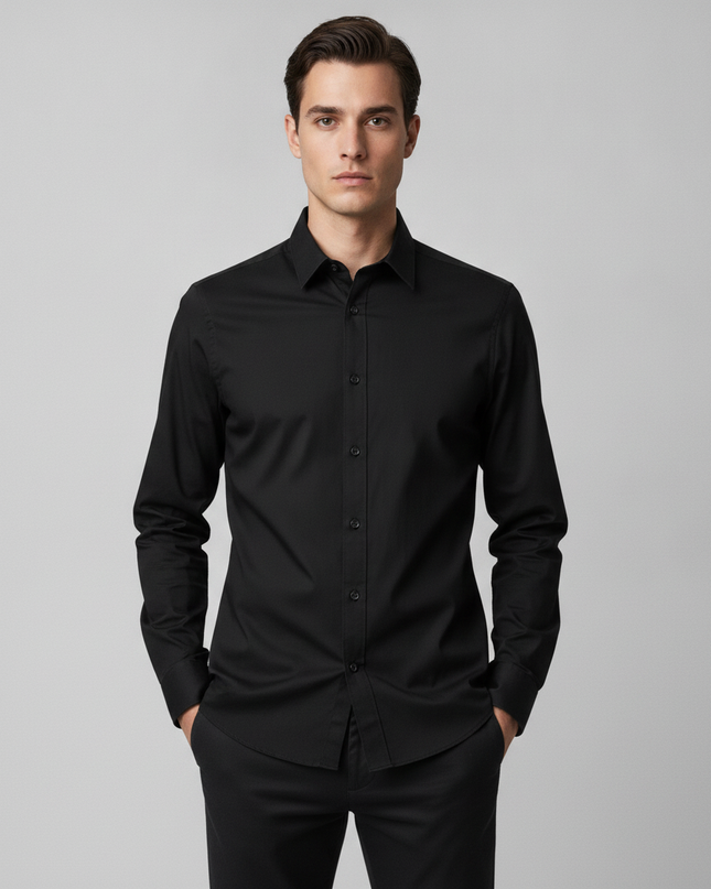 H&M Men's Black Slim Fit Easy Iron Button-Down Shirt
