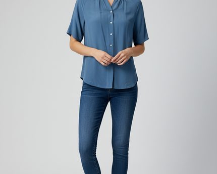 Sapphire West Dusty Blue Short Sleeve Button-Up Blouse