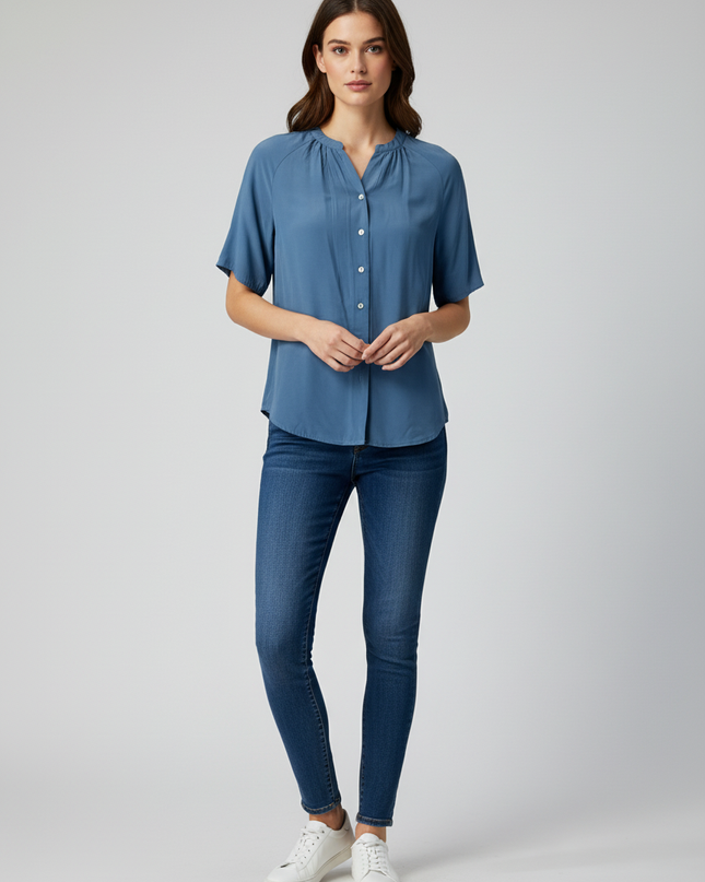 Sapphire West Dusty Blue Short Sleeve Button-Up Blouse