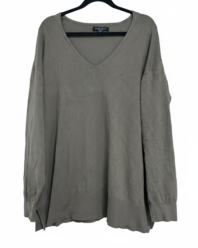 AMISU Olive V-Neck Lightweight Knit Sweater
