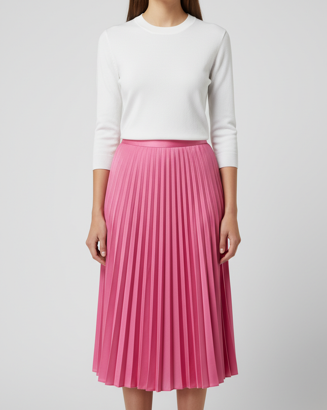 Reserved Pink Pleated Satin-Finish Midi Skirt