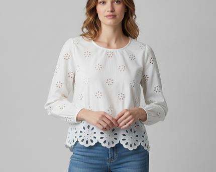 American Eagle White Floral Eyelet Scalloped Hem Blouse