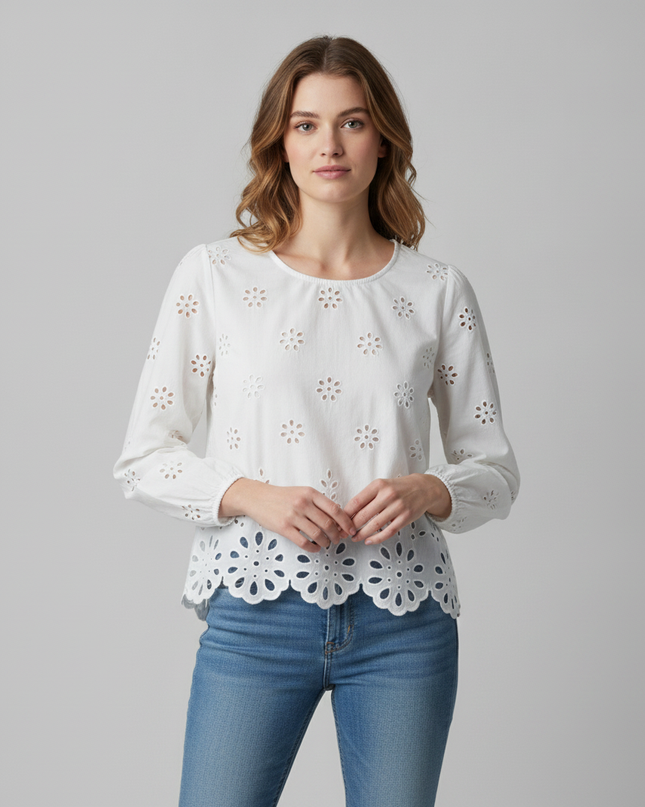 American Eagle White Floral Eyelet Scalloped Hem Blouse