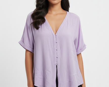 KIABI Purple V-Neck Button-Front Tie-Hem Blouse