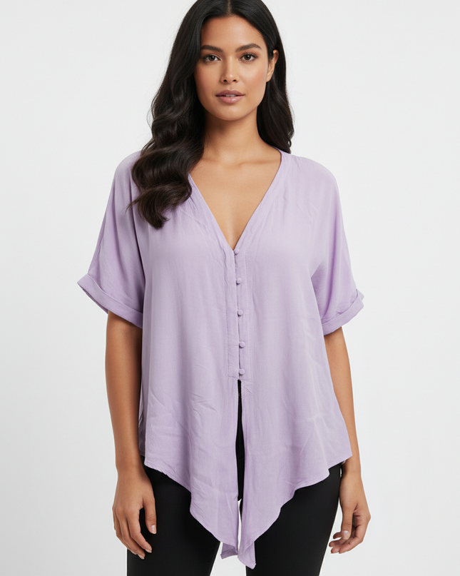 KIABI Purple V-Neck Button-Front Tie-Hem Blouse